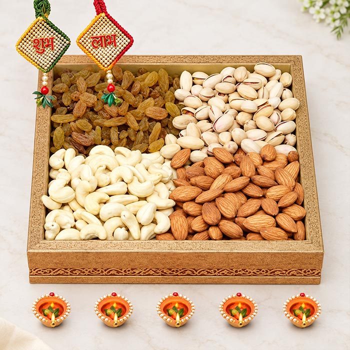 Dry Fruits Gift Box with 5 Designer Diyas | OyeGifts