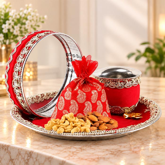Dry Fruits Karwa Chauth Puja Thali Set with Designer Channi & Lauta