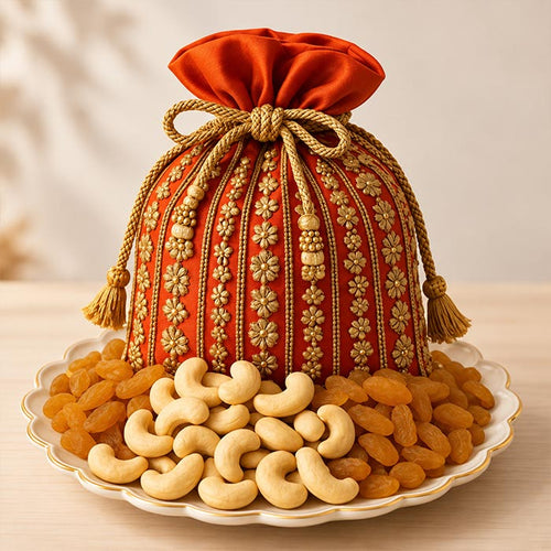 Dry Fruits Potli Hamper with Cashews Raisins & Greeting Card