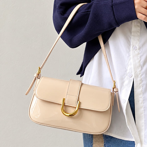 Elegant Beige Glossy Shoulder Handbag for Women with Gold Buckle
