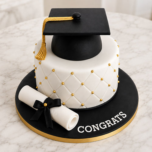 Graduation-themed cake with a black cap, gold tassel, and 'Congrats' text on a marble surface.