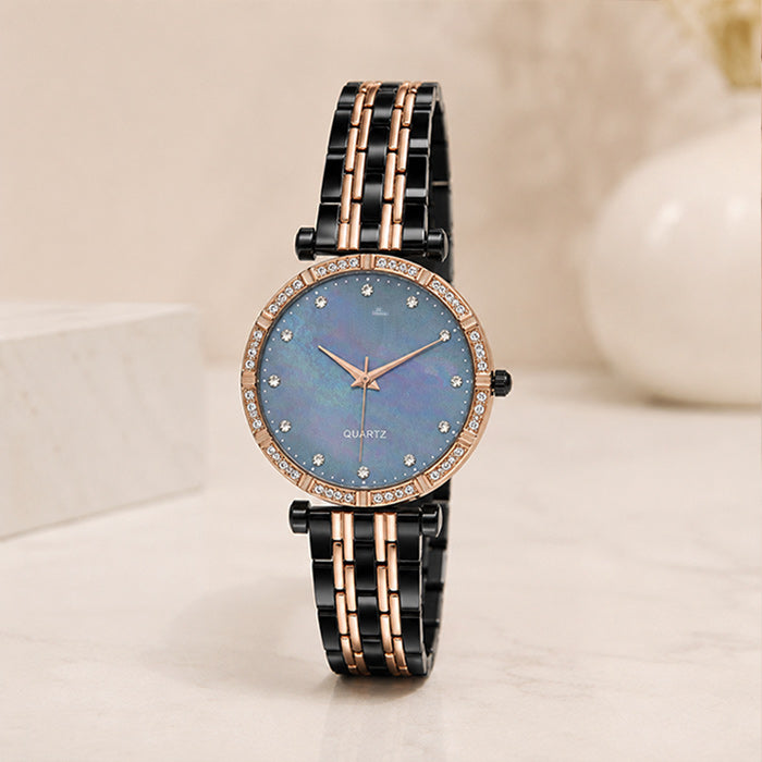 Elegant Rose Gold & Black Crystal Women's Analog Watch
