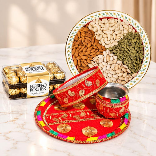 Karwa Chauth Thali with 1 Kg Mixed Dry Fruits and Medium Ferrero Rocher