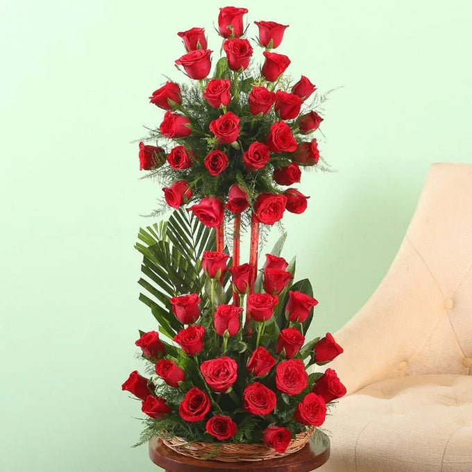 Red Roses 2 Tier Basket Arrangement with Green Fillers - Flower Delivery in GiftsGhaziabad