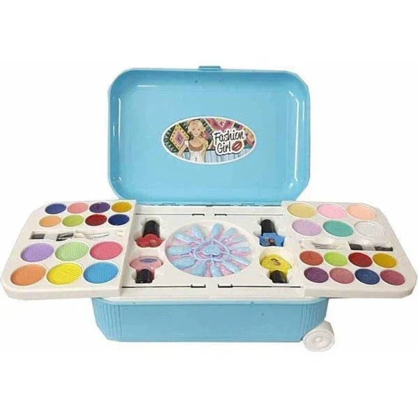 Makeup set with colorful palettes and applicators in a blue case, featuring 'Fashion Girl' branding.