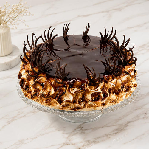Decorative cake with chocolate and meringue on a marble surface