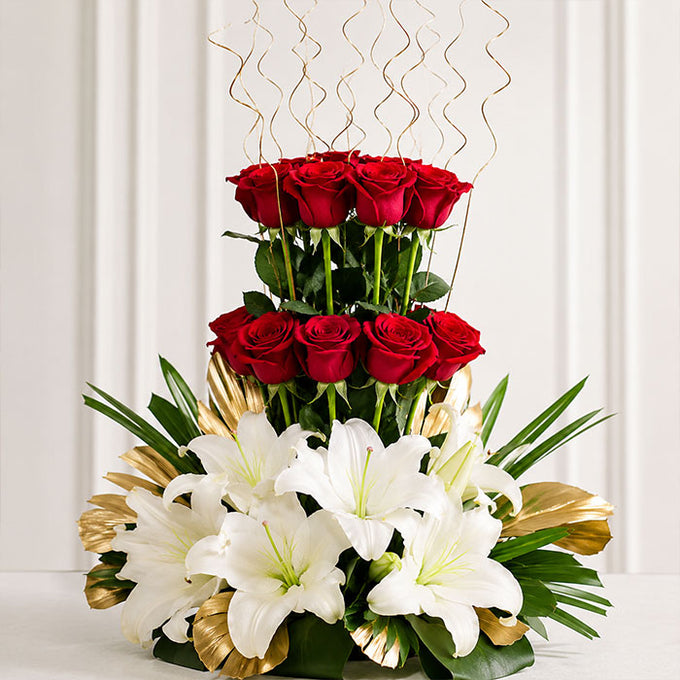 Red Roses and White Lilies Bouquet Arrangement - Flower Delivery in GiftsGhaziabad