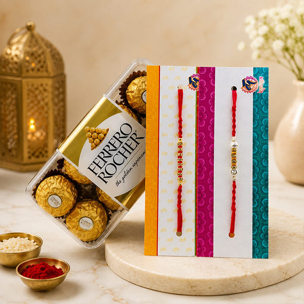 Ferrero Rocher 16 Pcs with 2 Rakhi Bracelets & Roli Chawal Set