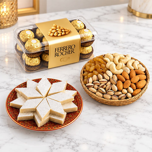 Ferrero Rocher 16 Pcs with Dry Fruits & Kaju Katli Gift Hamper