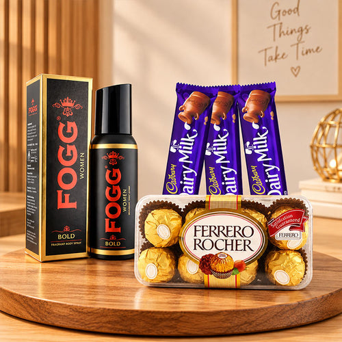 Ferrero Rocher 16 Pieces with Dairy Milk Chocolates & Fogg Women Body Spray