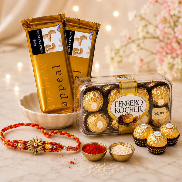 Ferrero Rocher 200g Box with 2 Temptations Chocolate Bars & Rakhi