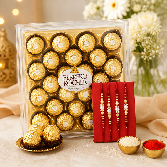 Ferrero Rocher 24 Chocolate Box with 4 Rakhis and Roli Chawal