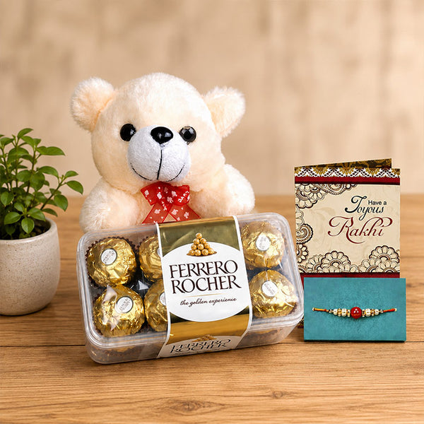 Ferrero Rocher Box with 6 Inch Teddy, Rakhi & Greeting Card