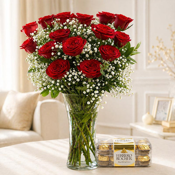 12 Red Roses in Glass Vase with 16 Ferrero Rocher Chocolates