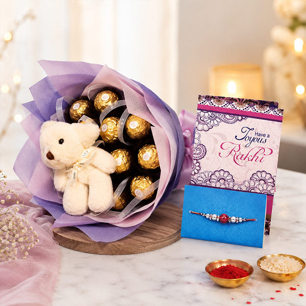 Ferrero Rocher Chocolate Bouquet with Teddy and Rakhi Card
