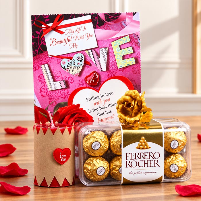 Ferrero Rocher Chocolate Gift Set with Gold Rose & Love Card