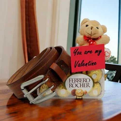 Valentine’s gift set with brown belt, Ferrero Rocher chocolates, teddy bear, and love note