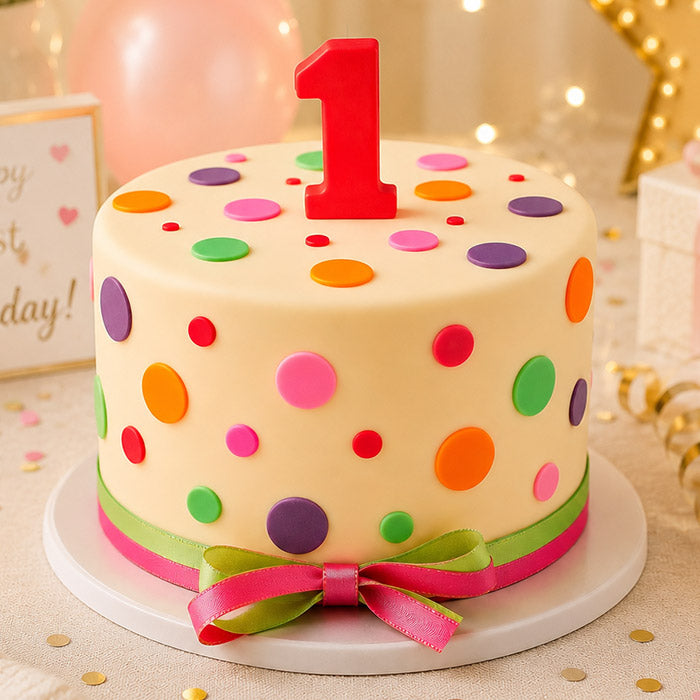 Colorful polka dot birthday cake with a number one candle on a decorative background.