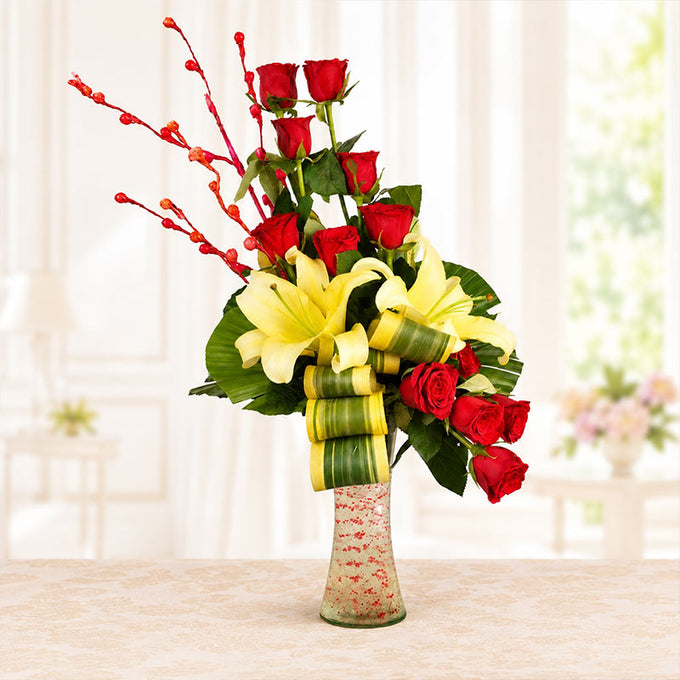 Red Roses & Yellow Asiatic Lilies Floral Vase Arrangement - Anniversary Gift in GiftsGhaziabad