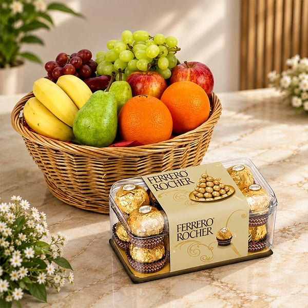 Fresh Fruit Basket 2 Kg with 16 Pcs Ferrero Rocher Chocolates