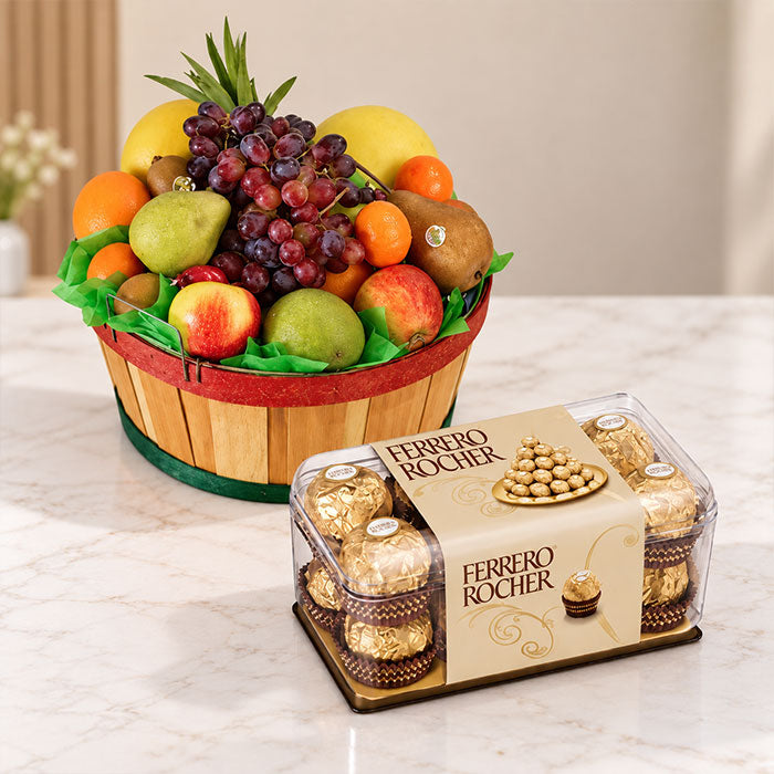 Fresh Fruits Basket 2 Kg with 16 Pcs Ferrero Rocher Chocolates