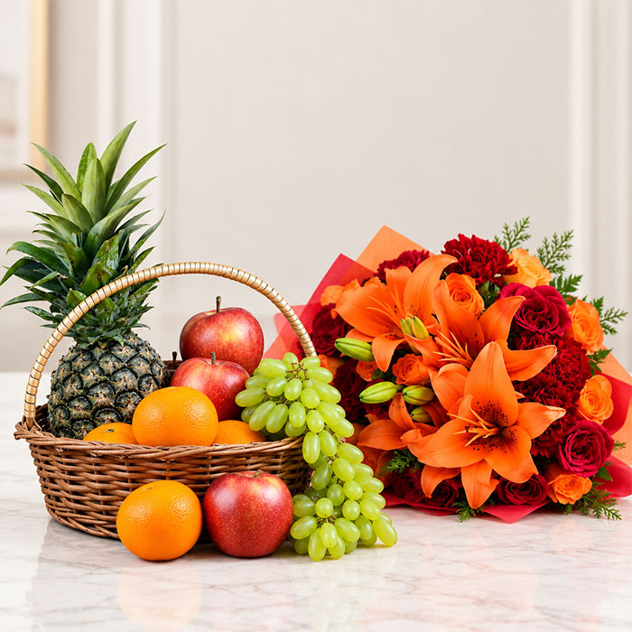 Fruits and Flowers Combo with 12 Orange Roses, 12 Red Roses, 6 Red Carnations, 3 Stems Orange Lilies and Fresh Fruits