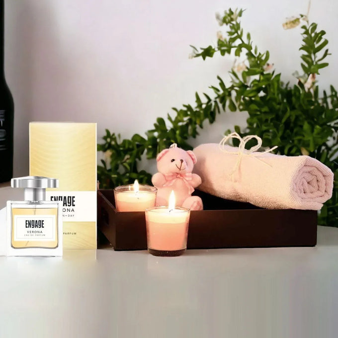 Engage Verona Perfume Gift Hamper with Pink Towel, Teddy and Candles