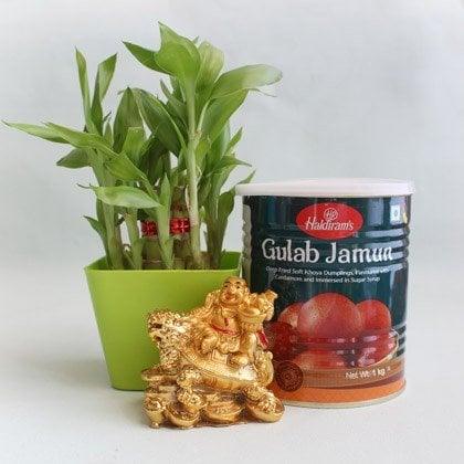 Lucky bamboo plant in green pot, Haldiram's Gulab Jamun tin, and golden Lord Ganesha idol