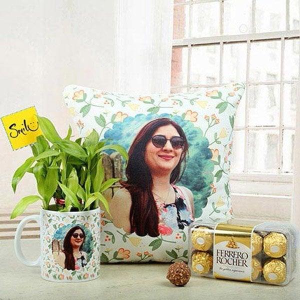 Personalized Cushion Mug & Two Layer Bamboo Plant Gift Set