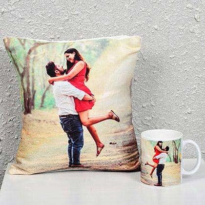 Personalized pillow and mug with a couple on a beach