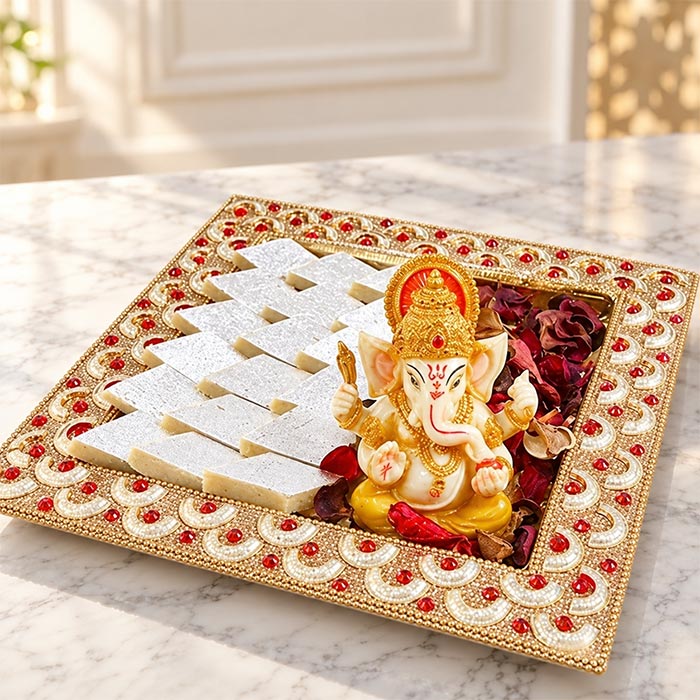 Ganesha Idol with 200g Kaju Barfi & Embellished Tray Hamper