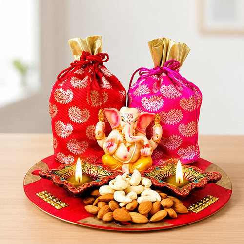 Ganesha Idol with Dry Fruits Potli & Diya Tray Hamper