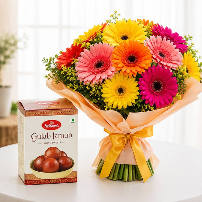 Mixed Gerbera Bouquet with 1 Kg Haldiram's Gulab Jamun - Flower Delivery in GiftsGhaziabad