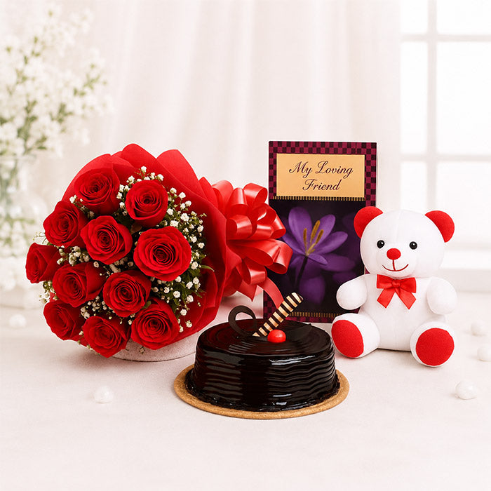 Bouquet of red roses, black cake, and white teddy bear with red bow on a light background