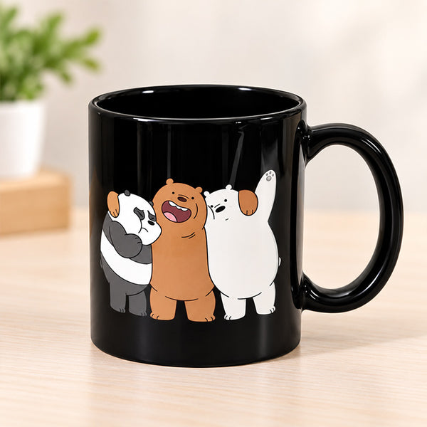 Glossy Black Mug with Hugging Cartoon Bears