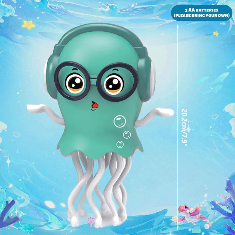 Toy octopus with headphones and glasses on a blue underwater background