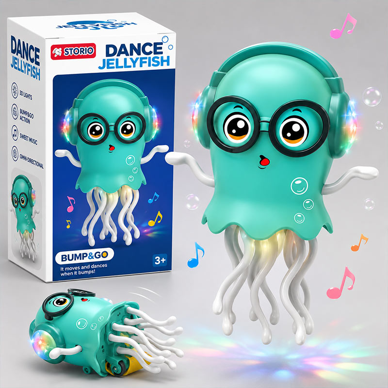 Toy jellyfish with headphones and box labeled 'Dance Jellyfish' by Storjo on a gray background.