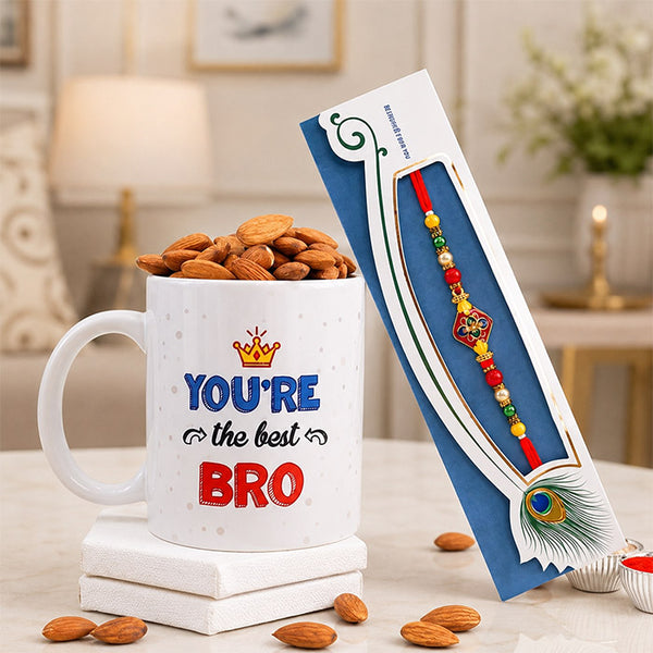 Golden Meenakari Rakhi With Almonds N Mug Combo