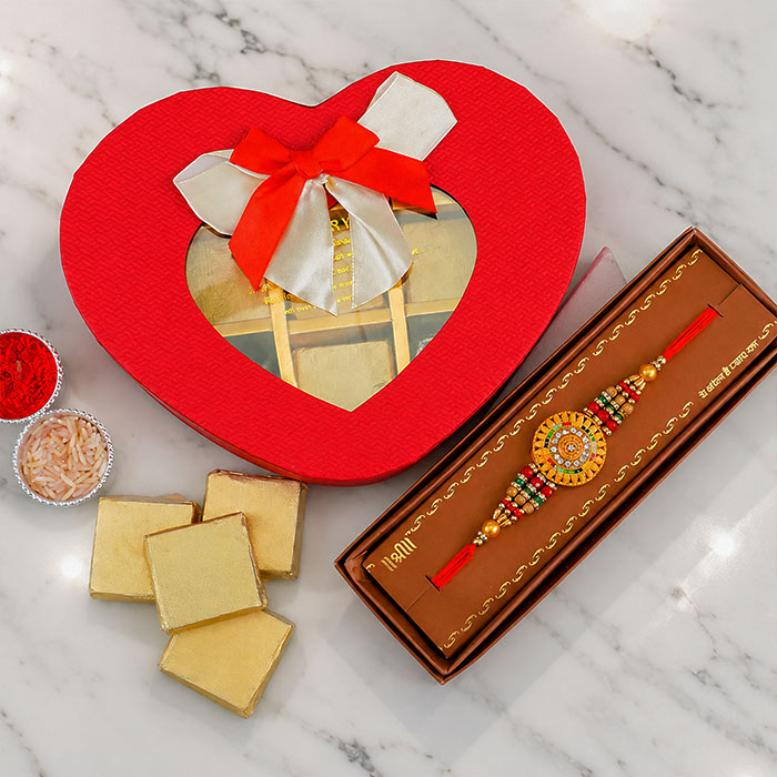 Golden Rakhi with Heart Shaped Chocolate Box