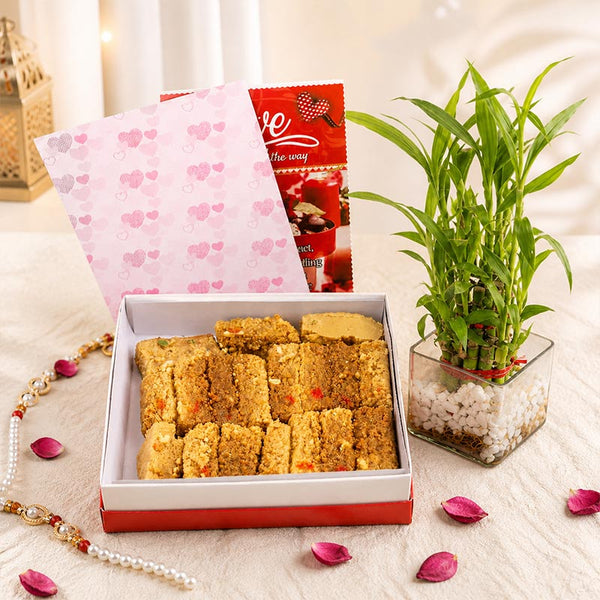 Box of cookies with a plant and decorative items on a light surface