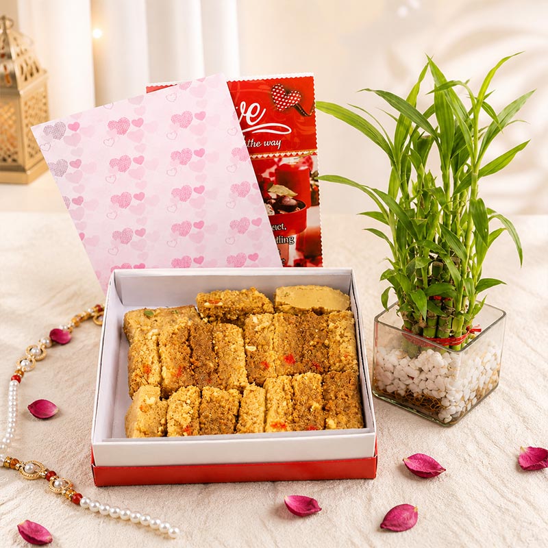Box of cookies with a plant and decorative items on a light surface