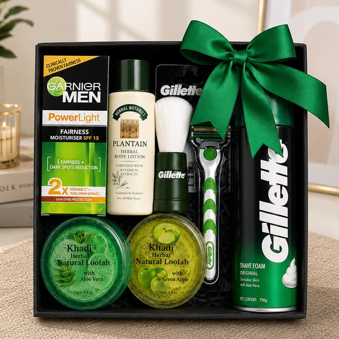 Men's Grooming Basket with Gillette Mach 3 & Khadi Soap Set - Cosmetics for Men Gift for Men