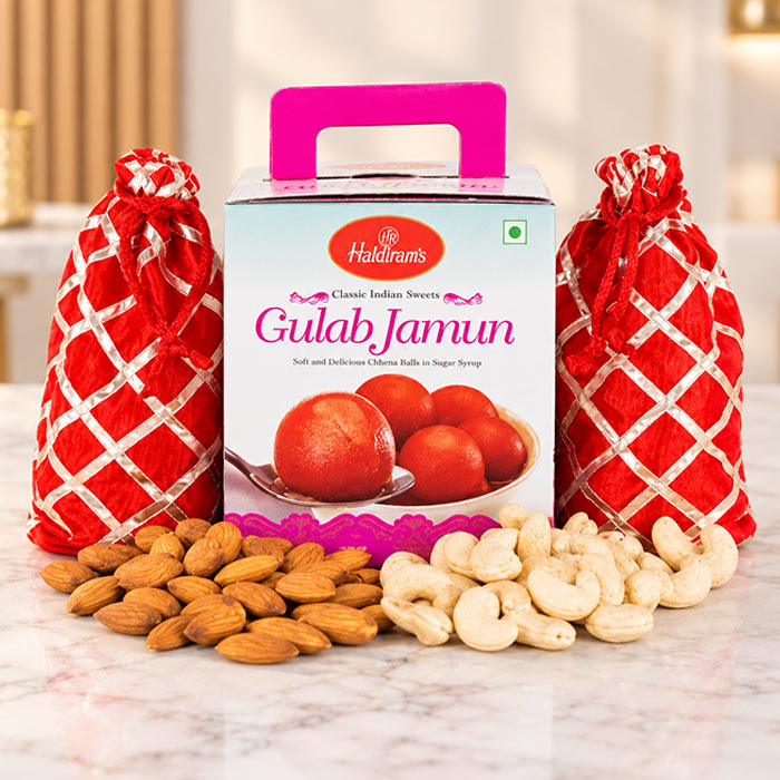 Gulab Jamun 1 Kg with Dry Fruits, Red Potlis & Thali