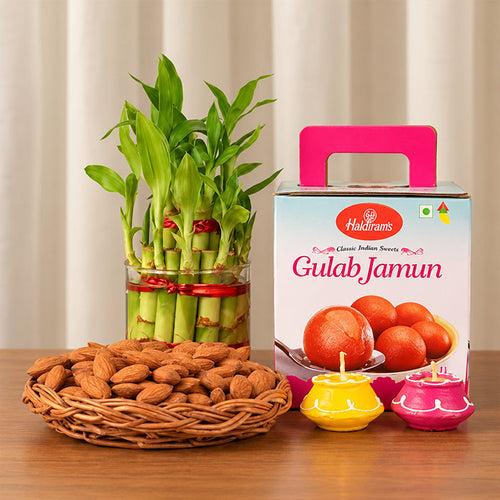Haldiram Gulab Jamun with Lucky Bamboo & Almond Diya Hamper