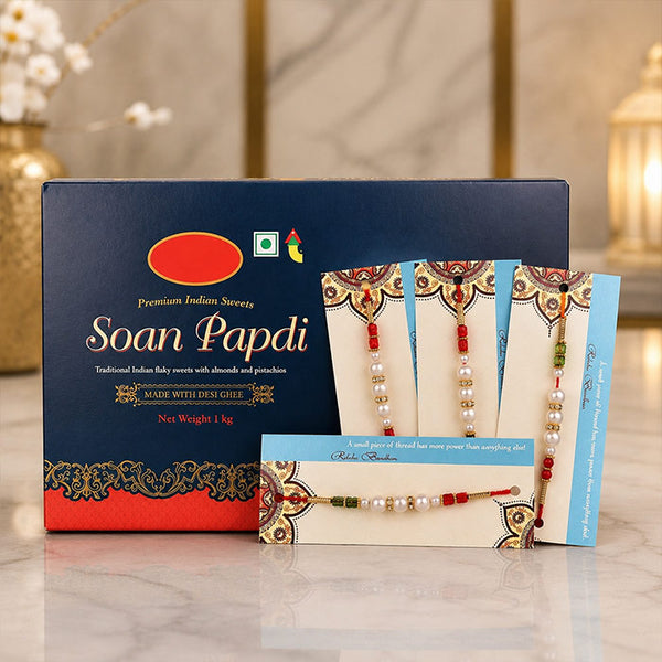 Haldiram Soan Papdi with 4 Pearl Rakhis Gift Set