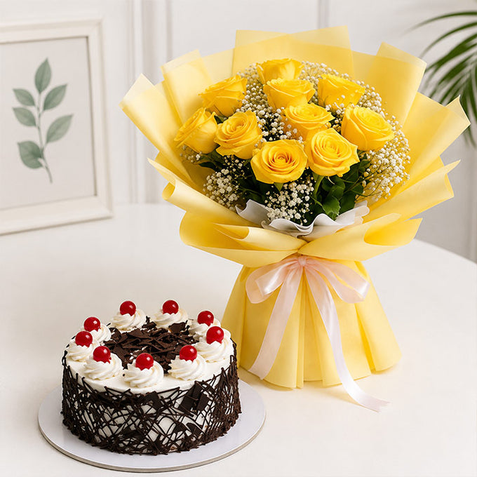 Half Kg Black Forest Cake with Yellow Roses Bouquet - Flower Delivery in Kalyani