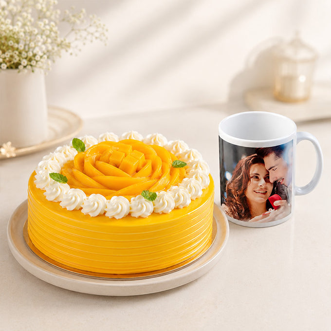 Half Kg Mango Cake with Photo Mug Gift Combo - Cake Delivery in GiftsGhaziabad