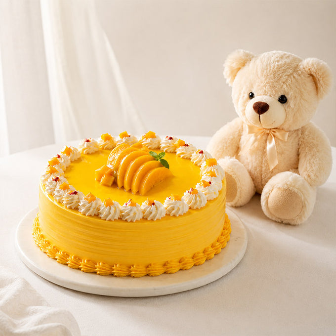 Half Kg Mango Cake with Teddy Bear Gift Combo - Cake Delivery in GiftsGhaziabad
