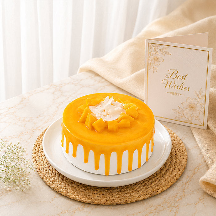 Yellow cake with white frosting on a marble surface next to a 'Best Wishes' card.