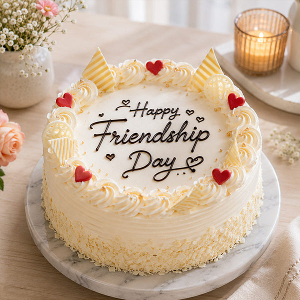 A round birthday cake decorated with white frosting swirls, red heart candies, gold wafer pieces, and 'Happy Friendship Day' written in black icing, shown on a marble platter in a warm indoor setting.